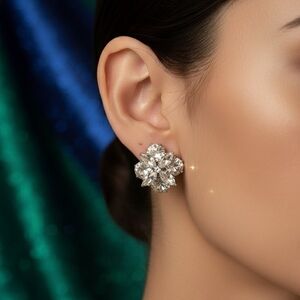 Iron Saints Cubic Zirconia Crystal Flower Silver-Tone Stud Earrings - Brand New